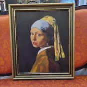 After Vermeer, Girl With A Pearl Earring, 20th century original oil painting on canvas, 37 x 45cms