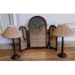 A pair of twisted table lamps, arched triptych dressing table mirror (3)