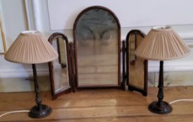 A pair of twisted table lamps, arched triptych dressing table mirror (3)