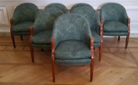 Seven, Frank Hudson oak framed reception tub chairs, green upholstered