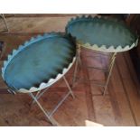 A French style oval garden table painted green metal, swing handles, raised shaped rim 65 w x