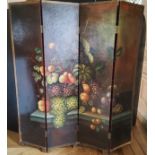 A hand painted four fold modesty screen, the vibrant oil painted still life observation of a harvest