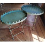 A pair of French style oval garden tables painted green metal, swing handles, raised shaped rim 65 w
