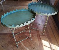 A pair of French style oval garden tables painted green metal, swing handles, raised shaped rim 65 w