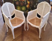 A pair of Louis XVI style French bergere boudoir tub chairs, slender cabriole legs