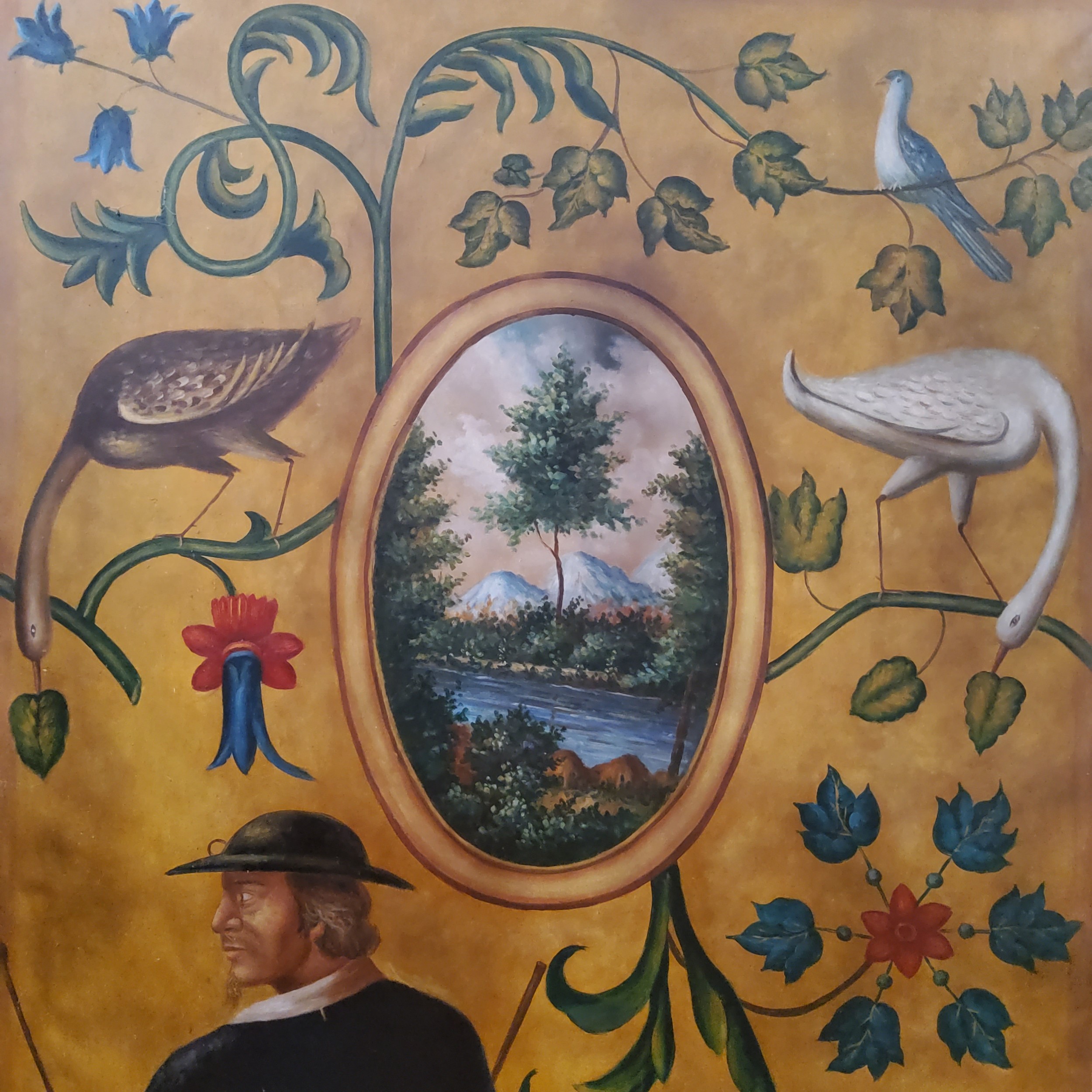 A large continental style oil on canvas panel, a beau and his dog, stylised herons in foliage, the - Image 4 of 5