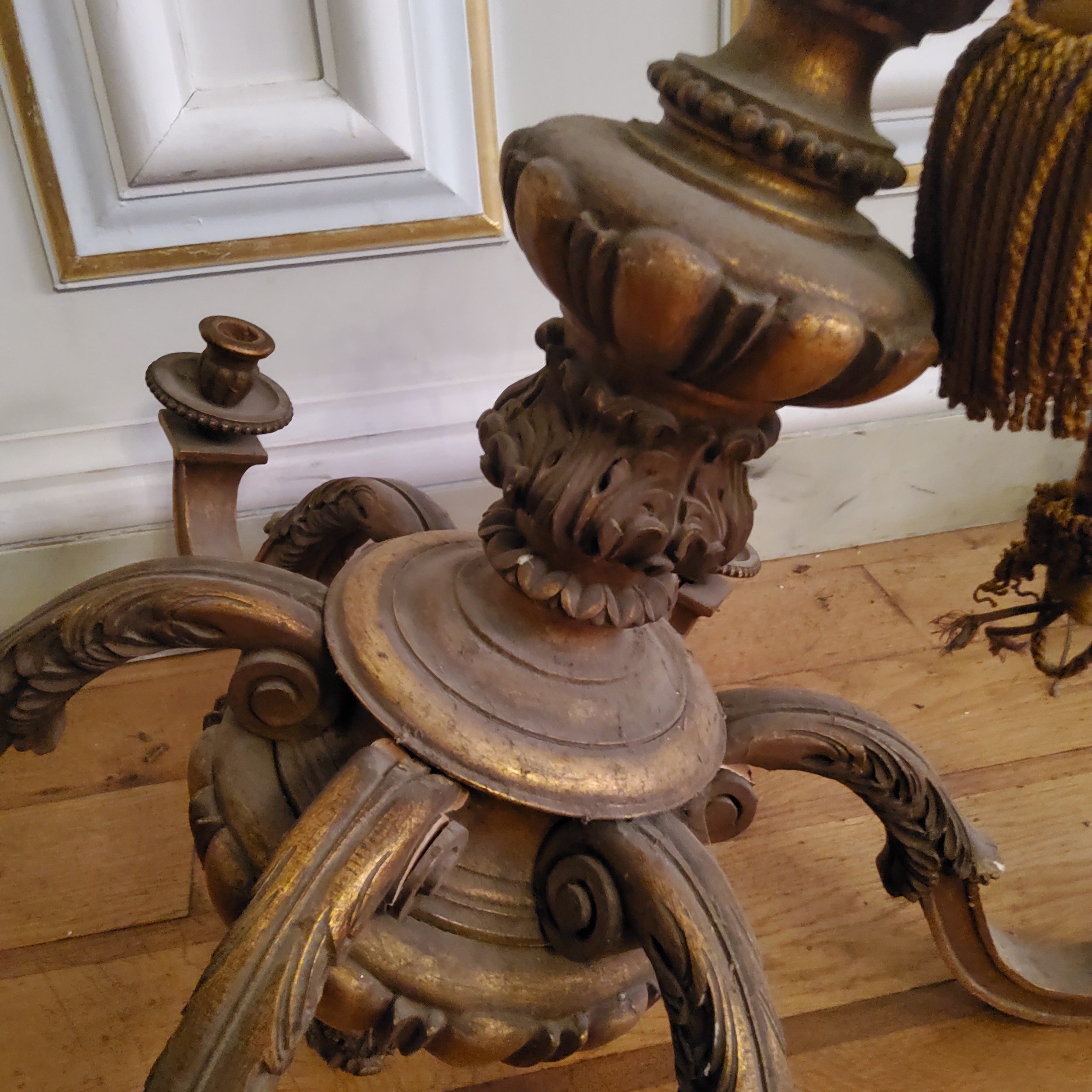 An 18th century style giltwood six branch chandelier, boldlly carved and turned column with - Image 2 of 2