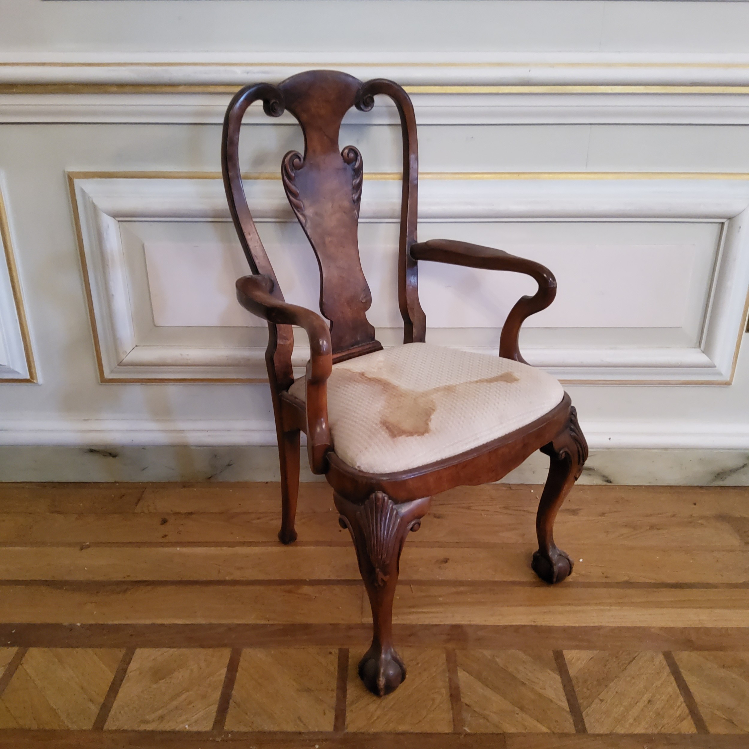 A George II design walnut shepherds crook open armchair raised on cabriole legs terminating with - Image 4 of 4