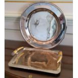 A contemporary silver plated butlers tray the two horn shaped handles painted gold 29.5 w x 40.5cm
