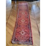 A large hand knotted Hamadan runner with five elephant foot gourds, in tones of red and blue 487cm x