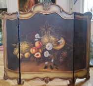 A decorative triptych table/fire screen hand painted with a still life observation of a harvest of a