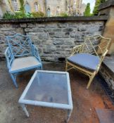 A pair of bamboo chairs and side table 58cms sq.