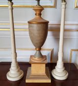 A contemporary painted wood table lamp in the form of an urn on plinth 50cms high; a pair of cream