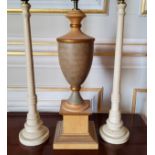 A contemporary painted wood table lamp in the form of an urn on plinth 50cms high; a pair of cream