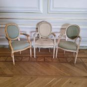 A trio of French upholstered medallion backed chairs, largest chair 62cm wide x 50cm deep  x 100