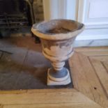 Garden statuary, an early Derbyshire gritstone campana shaped urn, found in the old dairy beneath