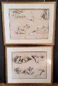After George Morland, sketches and studies of a hound and life around the farm, framed (2)