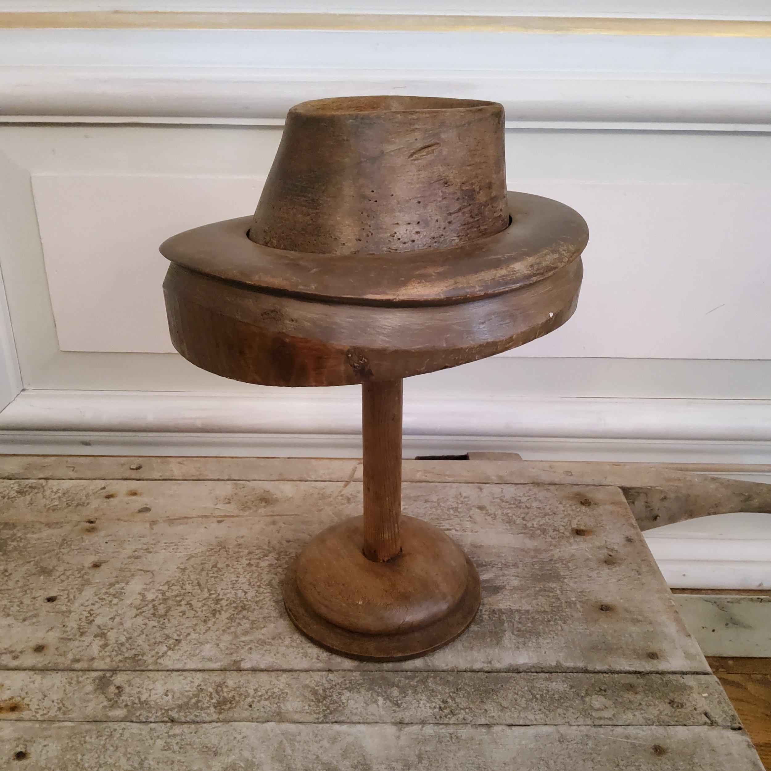 A 19th century French milliners fruit wood bowler hat block on stand - Image 4 of 4