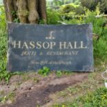 The old Hassop Hall Hotel and restaurant entrance/advertising sign 190cm W x 110cm
