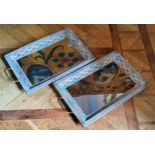 A pair of brass filigree two handled drinks trays with mirror base 39.5 x 70cms