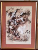 An interesting abstract artwork, 'Breaking in a Horse', gouache on paper, indistinctly signed 46 x