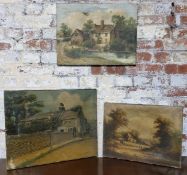 Three Victorian English School oil paintings on canvas of British farms and village scenes, two