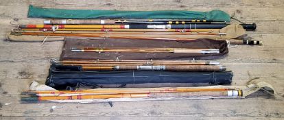 Angling - various split cane fishing rods in canvas slip, etc