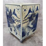 A square Chinese blue and white brush pot, bitong, Kangxi, six character marks to base decorated
