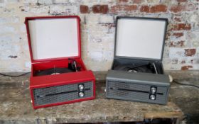 A BSR Fidelity HF45 record player, red; another slate grey (2)