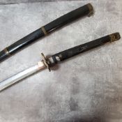 A Japanese Katana Samurai sword, the tang impressed 53, bronze tsuba ebonised saya c.1900 101cm