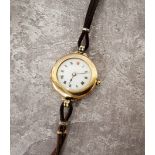 A 9ct gold lady's wristwatch, Swiss movement, white enamel dial, black & red Roman numerals,