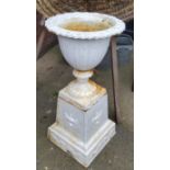 Garden statuary - a large Victorian style cast iron urn on stand, painted white, standing 100cm high