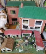 A scratch built farm with plastic & lead animals, tractor & trailer; a home built dolls house;