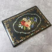 A Victorian Papier Mache & mother of pearl inlaid desk blotter the central panel hand painted with