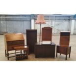 Furniture - a linen fold blanket box; mid century bureau; standard lamp; small oak bookcase, etc qty