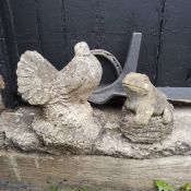 A reconstituted stone turtle dove and frog; horse shoe and shoe last (4)