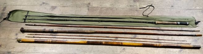 A scarce Chas. Farlow Ltd. of 121 Strand, London three piece salmon rod, brass fittings, engraved to