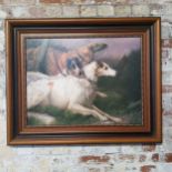 After Maud Earl (1864-1943), Lurchers in Field, large oilograph, framed, 100cm wide