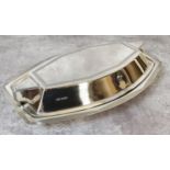 George V Art Deco entrée dish & cover, of shaped oval form with geometric handles, engine turned