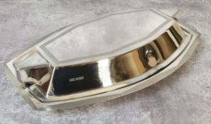 George V Art Deco entrée dish & cover, of shaped oval form with geometric handles, engine turned