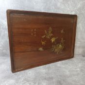 A Japanese Meiji period rosewood tray inlaid with five character metal marks inlaid with birds
