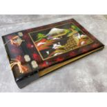 A Japanese lacquer musical table top photograph album, the cover hand painted with Mount Fuji and