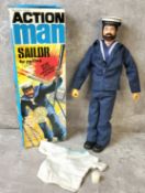Palitoy vintage Action Man boxed HMS Ark Royal Sailor, brown flock hair and beard with small bald