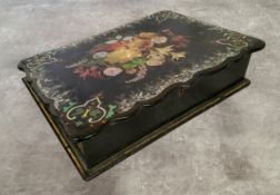 A Victorian Papier Mache mother of pearl inlaid writing slope, decorated with hand painted flowers