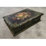 A Victorian Papier Mache mother of pearl inlaid writing slope, decorated with hand painted flowers