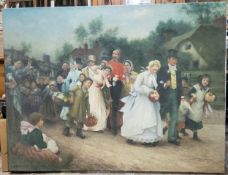 A large original oil on canvas of a wedding scene, 20th century in the Victorian taste, 123cm w x