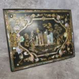 A Victorian mother of pearl inlaid Papier Mache desk blotter, the cover's central panel depicting