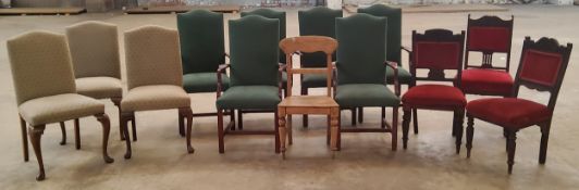 Various 19th century and later chairs, including carved mahogany examples and a set of six office