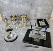 A marble based presentation desk tidy; a conforming engine turned presentation ash tray; hip flasks;