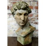 Garden statuary - A large classical terracotta bust, lichen encrusted throughout, showing signs of